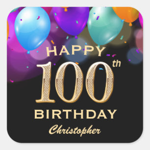 100th Birthday Party Black and Gold Balloons  Square Sticker