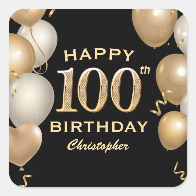 100th Birthday Party Black and Gold Balloons Square Sticker (Front)