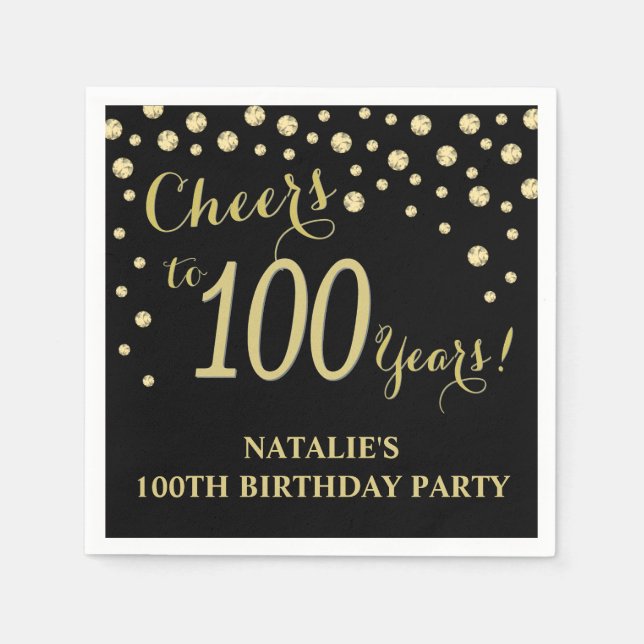 100th Birthday Party Black and Gold Diamond Napkin (Front)