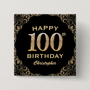 100th Birthday Party Black and Gold Glitter Frame 15 Cm Square Badge