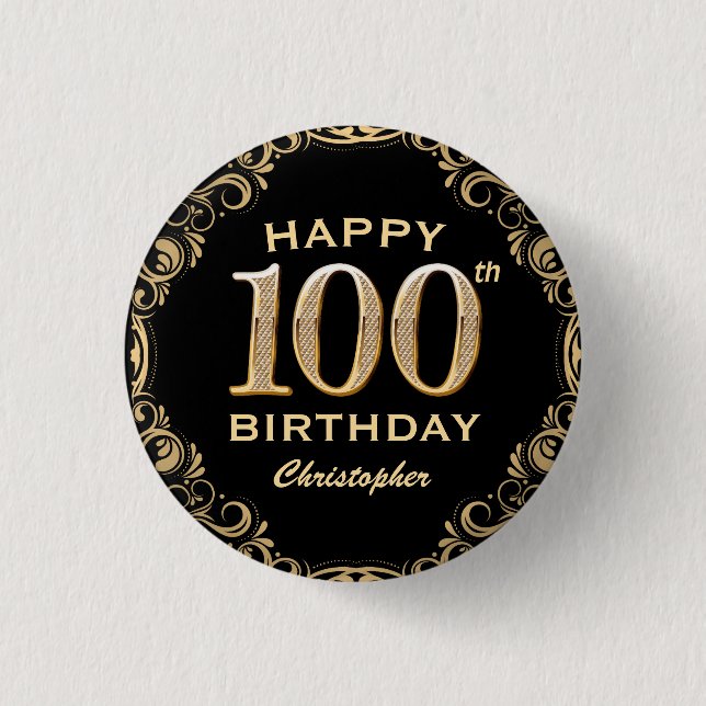 100th Birthday Party Black and Gold Glitter Frame 3 Cm Round Badge (Front)