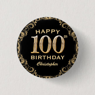 100th Birthday Party Black and Gold Glitter Frame 3 Cm Round Badge