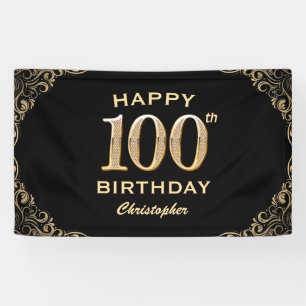 100th Birthday Party Black and Gold Glitter Frame Banner