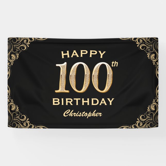 100th Birthday Party Black and Gold Glitter Frame Banner (Horizontal)