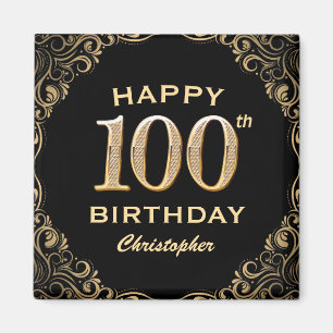 100th Birthday Party Black and Gold Glitter Frame Magnet