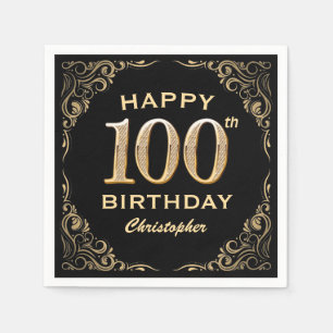 100th Birthday Party Black and Gold Glitter Frame Napkin