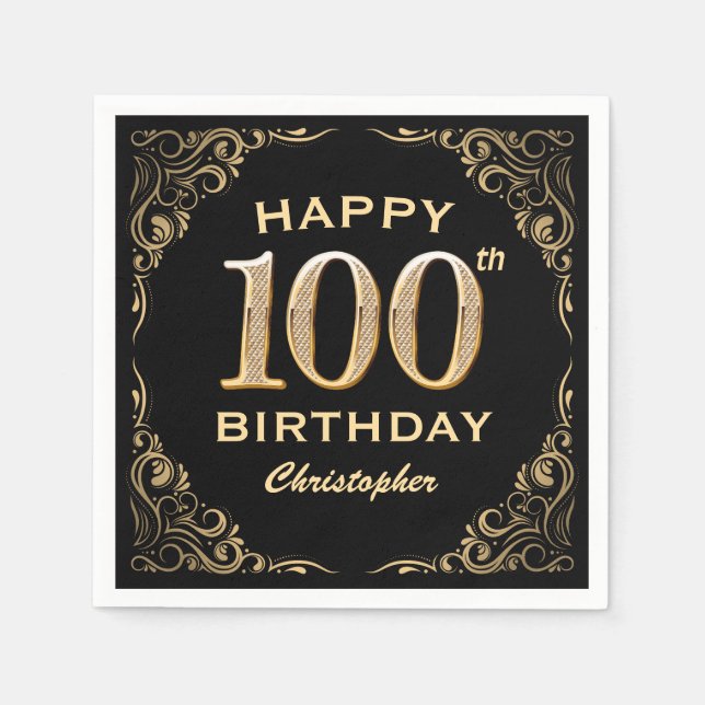 100th Birthday Party Black and Gold Glitter Frame Napkin (Front)