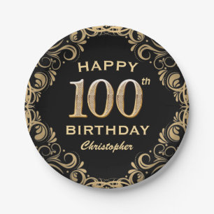 100th Birthday Party Black and Gold Glitter Frame Paper Plate