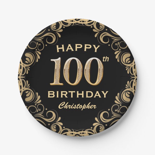 100th Birthday Party Black and Gold Glitter Frame Paper Plate (Front)