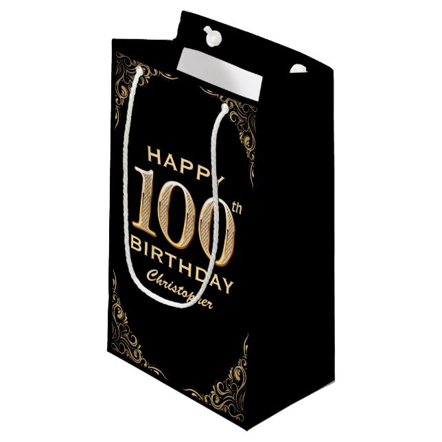 100th Birthday Party Black and Gold Glitter Frame Small Gift Bag (Front Angled)