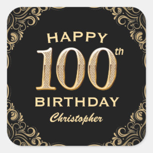 100th Birthday Party Black and Gold Glitter Frame Square Sticker