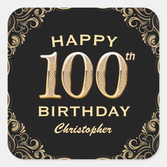100th Birthday Party Black and Gold Glitter Frame Square Sticker (Front)