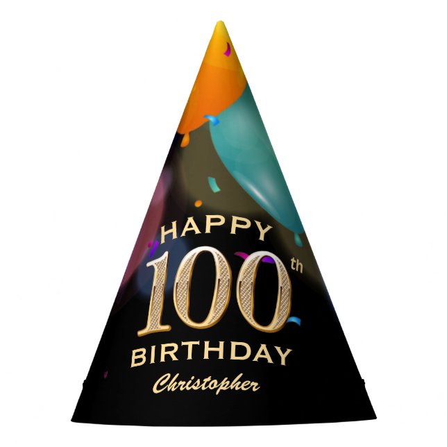 100th Birthday Party Black and Gold Party Hat (Front)