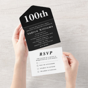 100th Birthday Party Black Elegant Modern All In One Invitation