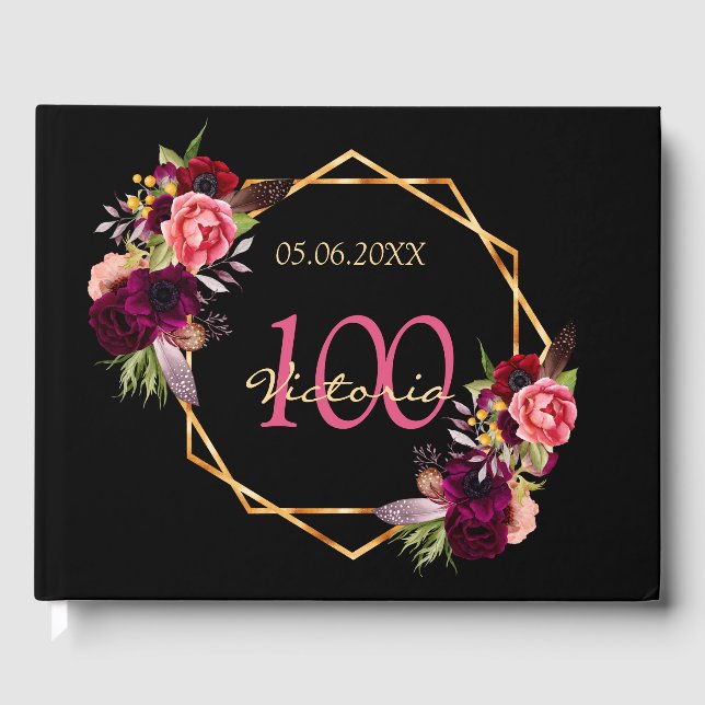 100th birthday party black florals geometric guest book (Front)