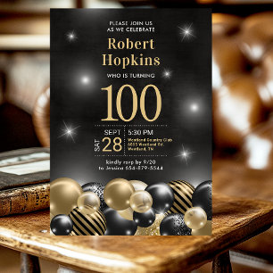 100th Birthday Party Black Gold Balloons Photo Invitation