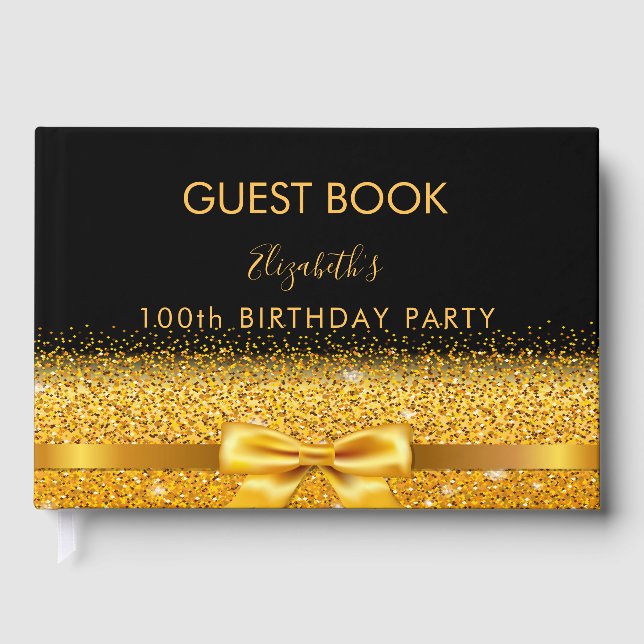 100th birthday party black gold bow glam sparkle guest book (Front)