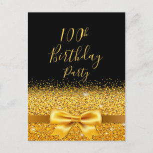 100th birthday party black gold bow invitation postcard