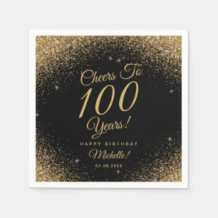 100th Birthday Party Black Gold Glitter Name Napkin