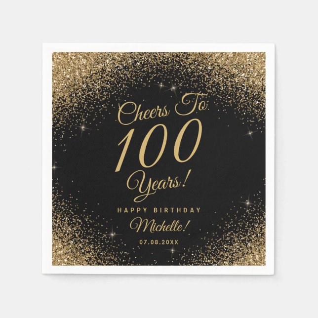 100th Birthday Party Black Gold Glitter Name  Napkin (Front)