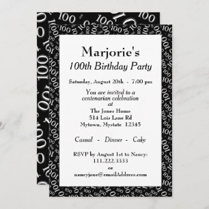 100th Birthday Party Black/White Number Pattern Invitation