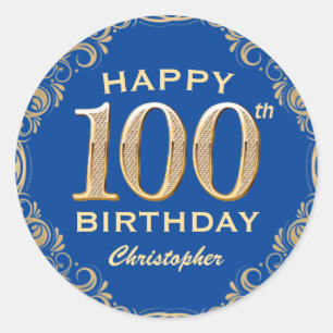 100th Birthday Party Blue and Gold Glitter Frame Classic Round Sticker