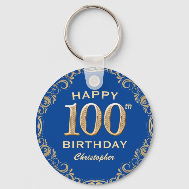 100th Birthday Party Blue and Gold Glitter Frame Key Ring (Front)