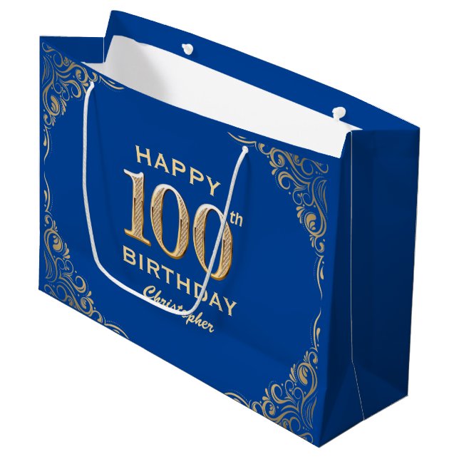 100th Birthday Party Blue and Gold Glitter Frame Large Gift Bag (Front Angled)
