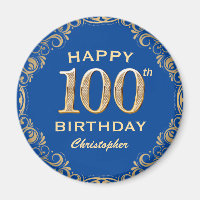 100th Birthday Party Blue and Gold Glitter Frame
