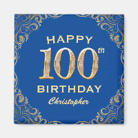 100th Birthday Party Blue and Gold Glitter Frame
