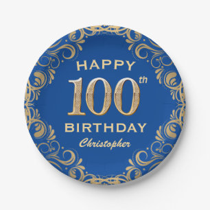 100th Birthday Party Blue and Gold Glitter Frame Paper Plate