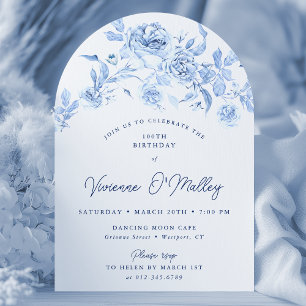 100th Birthday Party Blue Floral Arch Shape Invitation