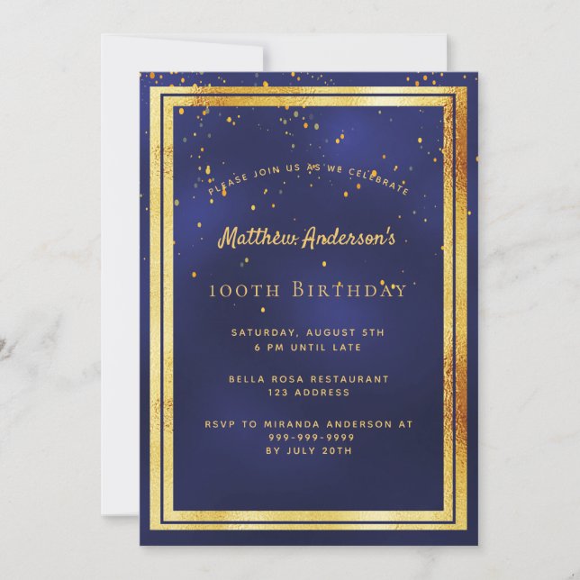 100th birthday party blue gold confetti sprinkle invitation (Front)