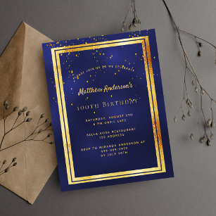 100th birthday party blue gold shiny invitation postcard