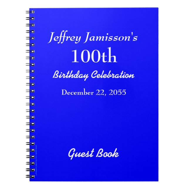 100th Birthday Party Blue Name spiral Guest Notebook (Front)