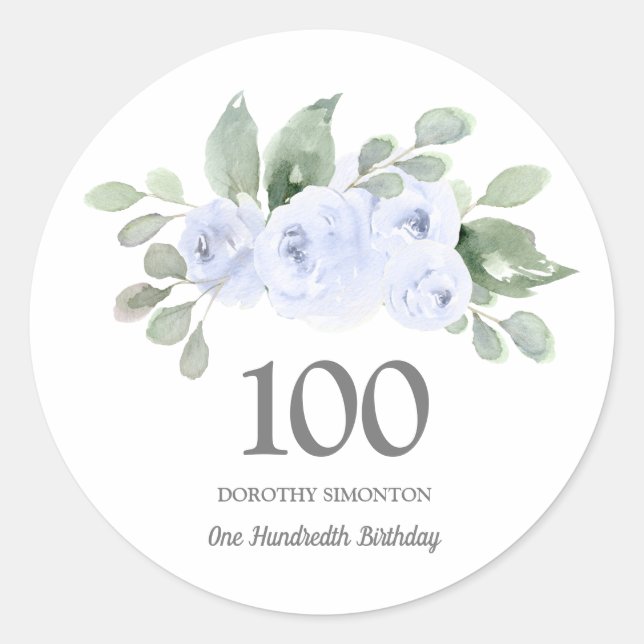 100th Birthday Party Blue Rose Eucalyptus Classic Round Sticker (Front)