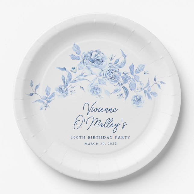 100th Birthday Party Blue Rose Floral Custom Paper Plate (Front)