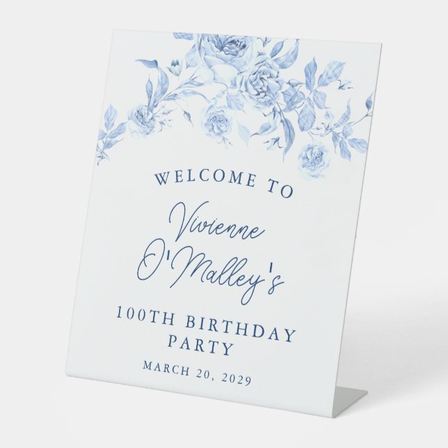 100th Birthday Party Blue Rose Floral Welcome Pedestal Sign (Front)