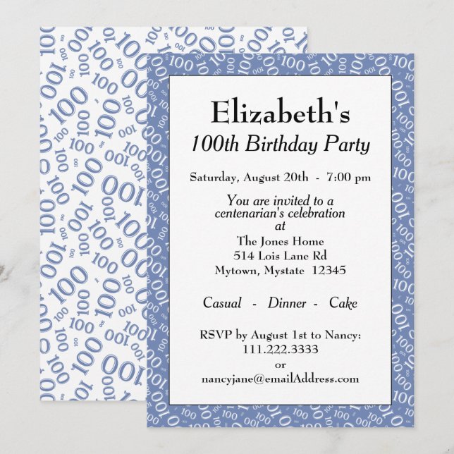 100th Birthday Party Blue/White Number Pattern Invitation (Front/Back)