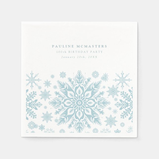 100th Birthday Party Blue White Snowflake Winter Napkin (Front)