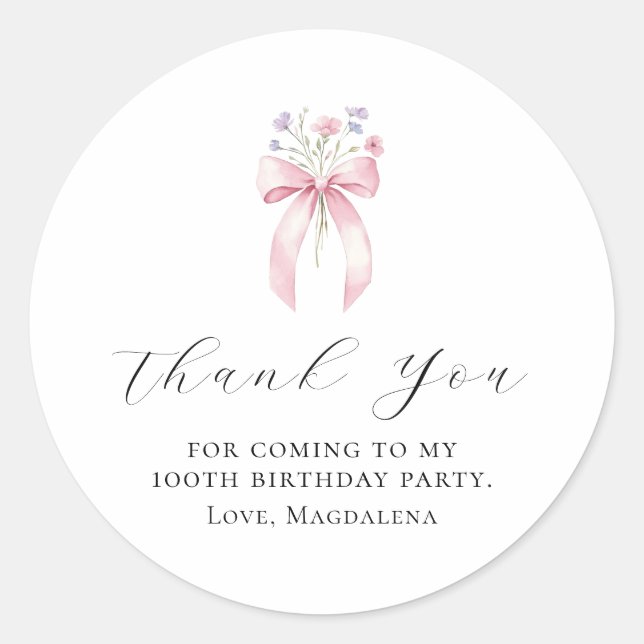 100th Birthday Party Bow Custom Thank You Favour Classic Round Sticker (Front)