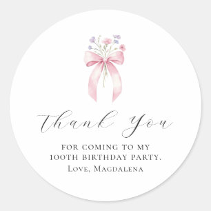 100th Birthday Party Bow Custom Thank You Favour Classic Round Sticker