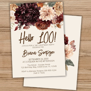100th Birthday Party Brown Beige Ivory Floral Invitation