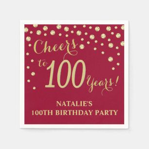 100th Birthday Party Burgundy Red and Gold Diamond Napkin