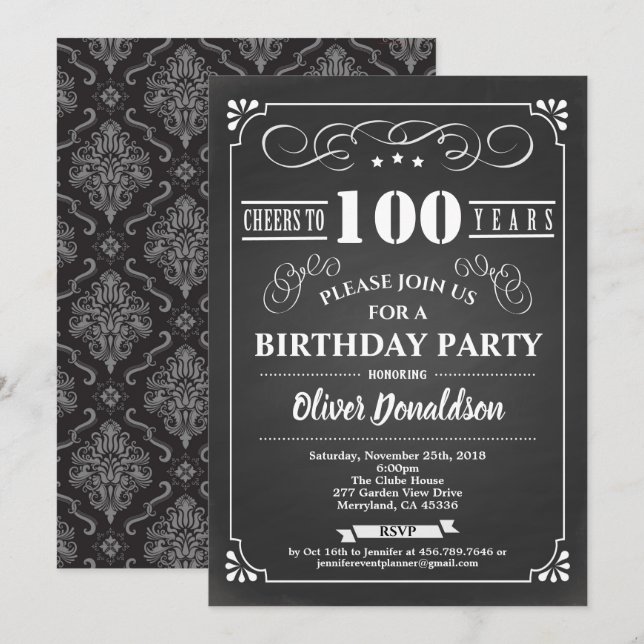 100th birthday party chalkboard black and white invitation (Front/Back)