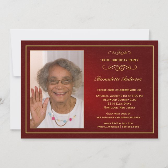 100th Birthday Party Classy Red Gold Photo Invitation (Front)