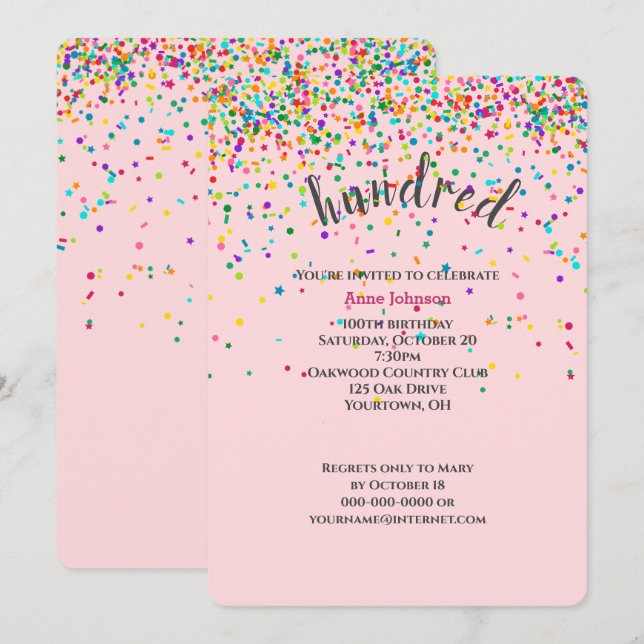 100th Birthday Party confetti Invitation (Front/Back)