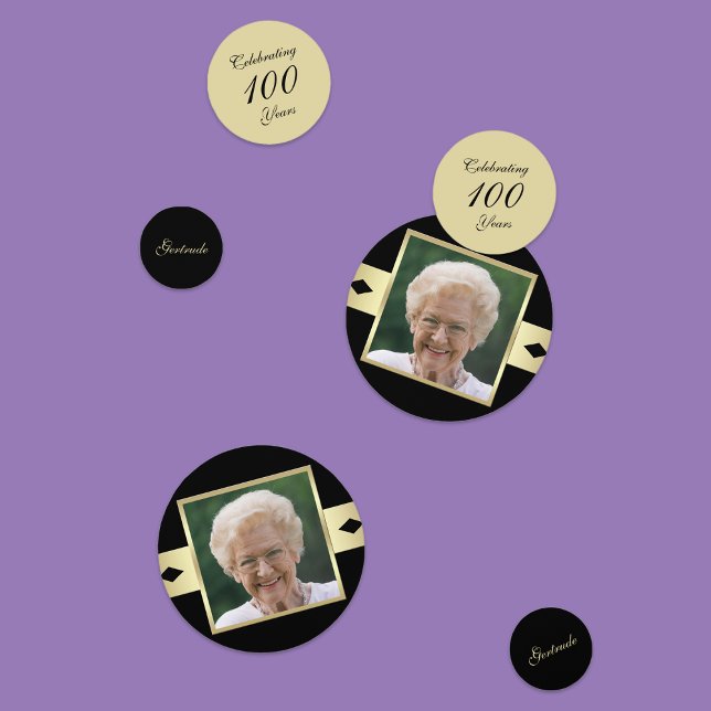 100th Birthday Party confetti with Photo in Black (Creator Uploaded)
