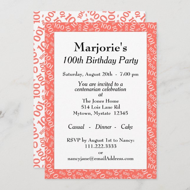 100th Birthday Party Coral/White Number Pattern Invitation (Front/Back)