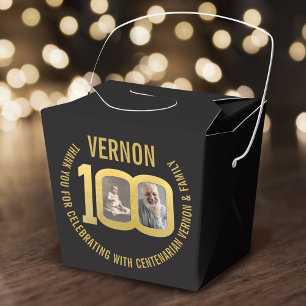 100th Birthday party custom photo favor black gold Favour Box